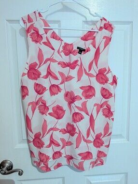 Calvin Klein White Sleeveless V-Neck Top with Pink Floral Print